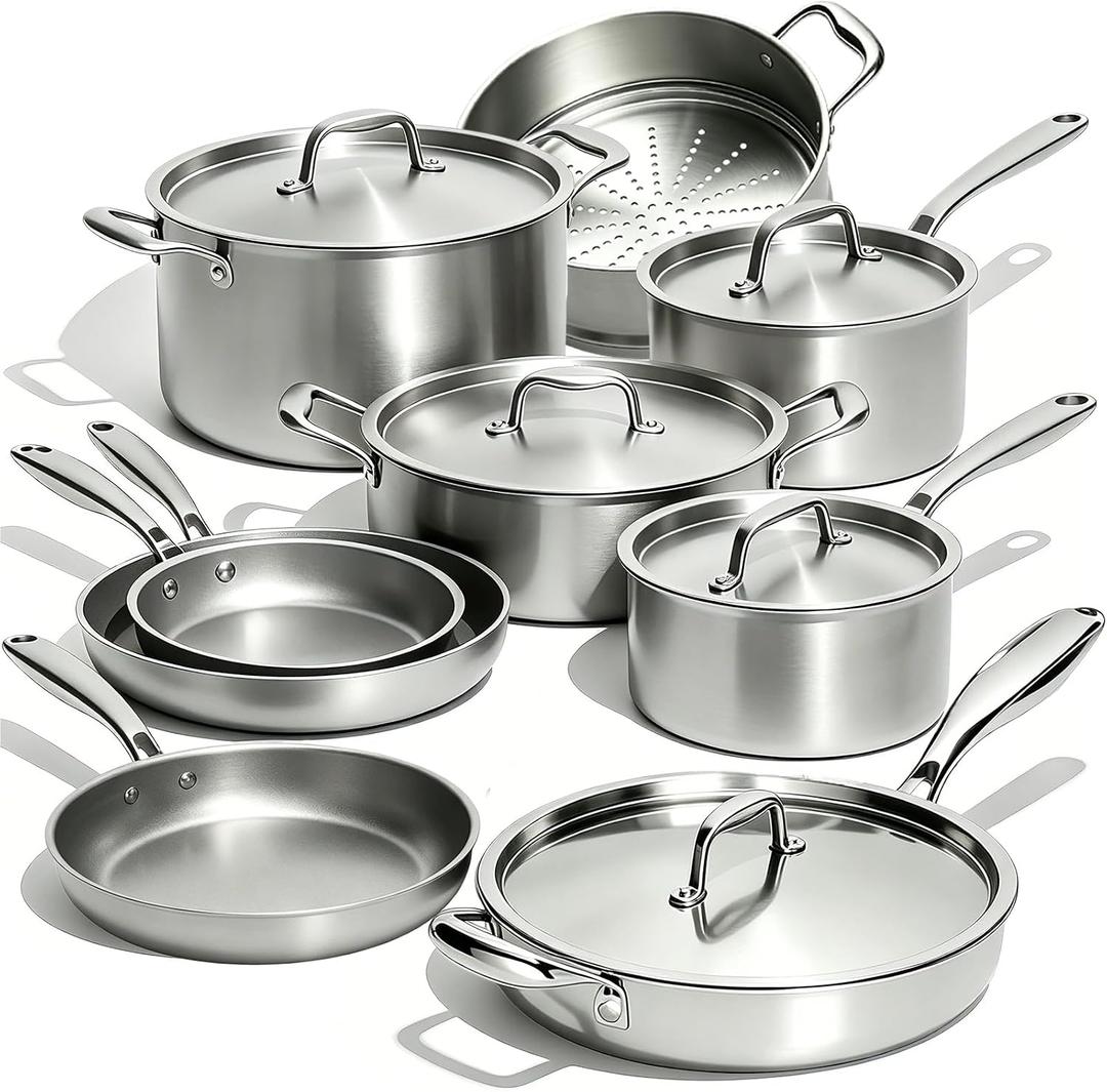 Umite Chef Stainless Steel Cookware Set, 5 Ply 14 Piece Stainless Steel Pot and Pan Set-Induction, Heavy Chef Quality, Oven Safe | Professional Kitchen Cooking Appliances, PFOA, PTFE & PFOS Free