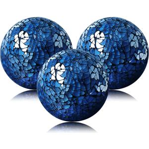 3 Pack Blue Decorative Orbs Mosaic Crack Glass Balls Decor Solid Sphere Globe Bowl Vase Fillers Holiday Living Room Mantle Basket Centerpiece 3.35 Inch