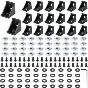 20 Set Black 4040 Series Aluminum Extrusion Profile Connector, Includes 1pc Wrench, 20pcs 3540 Corner Bracket, 40pcs M8 T-Slot Sliding Nuts and Hex Screw Bolt for 20S Aluminum Rail Accessories