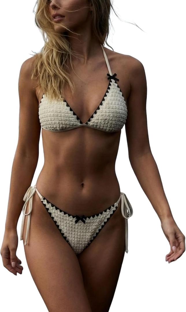 ZAFUL Women's Textured Triangle Bikini Set Contrast Trim Halter Tie Side Cheeky Two Piece Swimsuit (White)