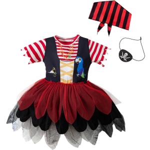 MOMMY'S NEW MAN Toddler Baby Girl Pirate Costume Halloween Sea Buccaneer Tutu Dress And Head Scarf With Pirate eye mask (1-2Y, Red)