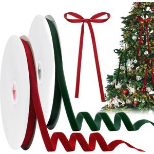 Cindeer 2 Rolls 50 Yard Christmas Velvet Ribbon Vintage Solid Color Velvet Ribbon for Gift Wrapping Christmas Tree Ornaments Fireplace Garland Decoration Wreath Craft Bow Making(3/8 Inch,Red,Green)