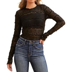 Essrite Womens Slim Fit Lace Mesh Top Crew Neck Long Sleeve See Through Shirt Blouses Tops Fall Outfits 2026 (Black, XL)