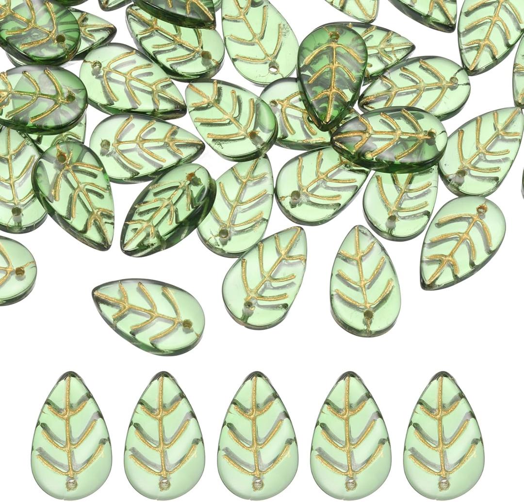 PATIKIL Leaf Beads, 200Pcs Crystal Leaf Pendants Charm Translucent Czech Glass Leaves Beads for DIY Jewelry Making Bracelets Necklace Earings Craft, Golden Green