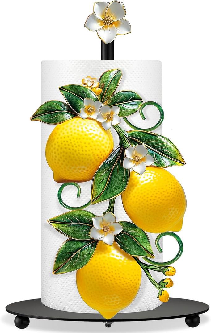 Thyle Lemon Paper Towel Holder with Round Base Lemon Bathroom Decor Rustic Housewarming Gifts Dispenser Kitchen Paper Holder Stand for Christmas Yellow Countertop Toilet Home Accessories