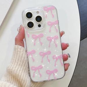 UEEBAI Bow Case for iPhone 16 Pro Max, Bling Glitter Ribbon Cover for Girl Women Clear Cute Slim Lightweight Pretty Pattern Anti-Yellowing Shockproof Protective Case - Pink