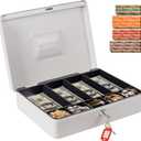 Cash Box with Money Tray and Lock, FiiMan Metal Locking Cash/Money Saving Organizer Box with Key and 100PCS Coin Wrappers Assorted, XL Large (Grey Beige)