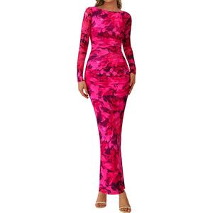 PRETTYGARDEN Women's Long Sleeve Bodycon Dresses 2026 Spring Sexy Floral Mesh Slit Ruched Tight Maxi Wedding Guest Dress, M