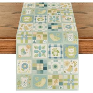 Artoid Mode Plaid Baby Shower Bird Floral Bear Table Runner, Seasonal Spring Kitchen Dining Table Decoration for Home Party Decor 13x72 Inch