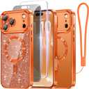 Meifigno Designed for iPhone 17 Pro Max Case 6.9", [Glitter Card & Wrist Strap] [Compatible with MagSafe] [1HD+1X Privacy Screen Protectors] Surround Raised Lens Protection 17 ProMax Case, Orange