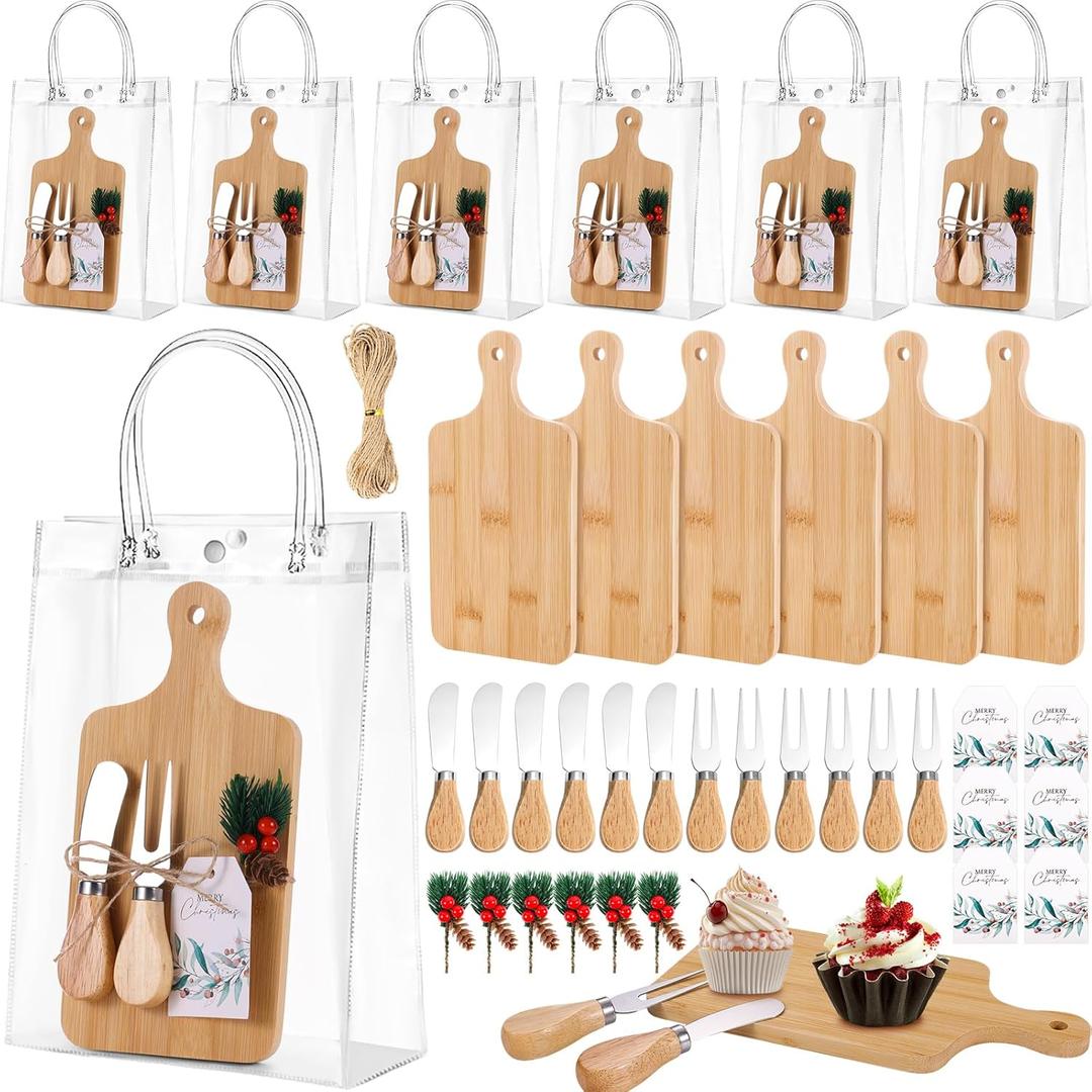 6 Set Charcuterie Boards mini Christmas Gifts Cheese Boards Set Wooden Square Mini Cutting Board bulk Cheese Knives fork PVC Bag Hemp Rope Label for Christmas Decor Party Birthday (Bamboo)