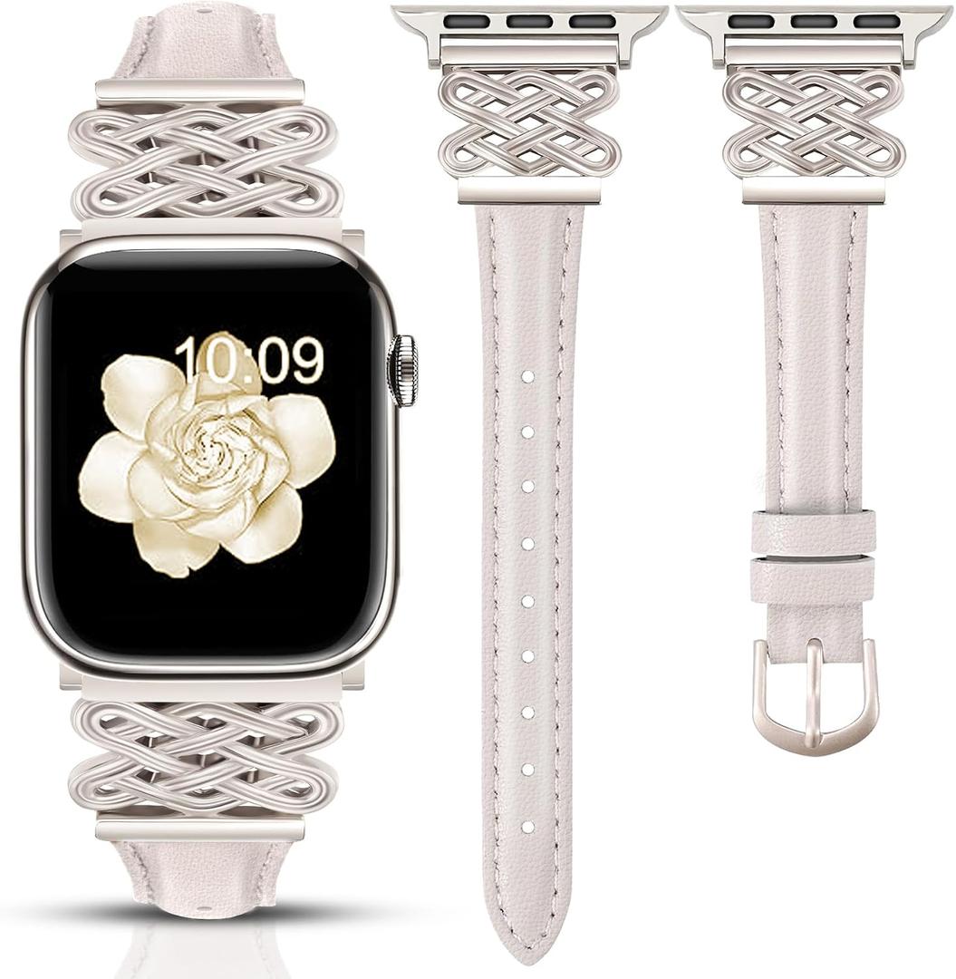 Newlibery Leather Band for Women Slim Dressy Bands Compatible with Apple Watch 38mm 40mm 41mm 42mm 44mm 45mm 49mm, Designer Interlock Buckle Strap for iWatch Series 10/9/8/7/6/5/4/3/2/1/SE/Ultra
