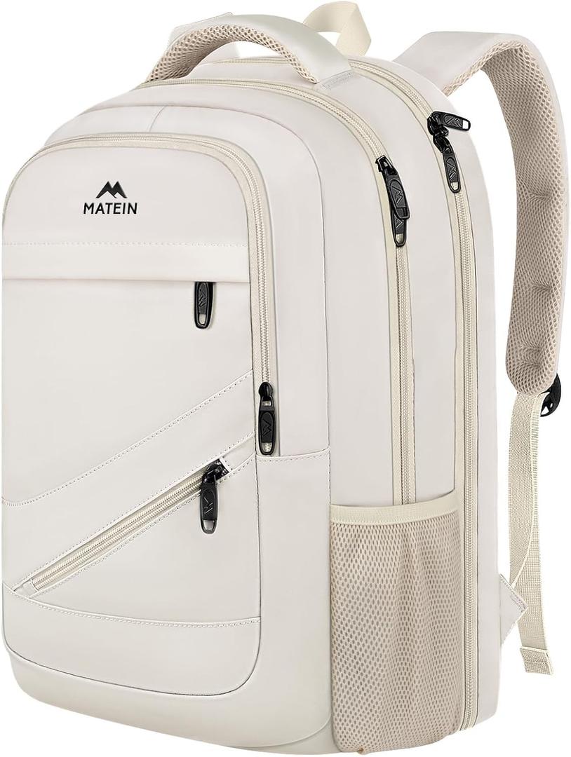 MATEIN Laptop Backpack Women Large Capacity, TSA Travel Backpack with Luggage Strap & Anti Theft Pocket, Water Resistant Teacher College Bookbag Fits 17 Inch Computer, Stylish Beige Work Daypack