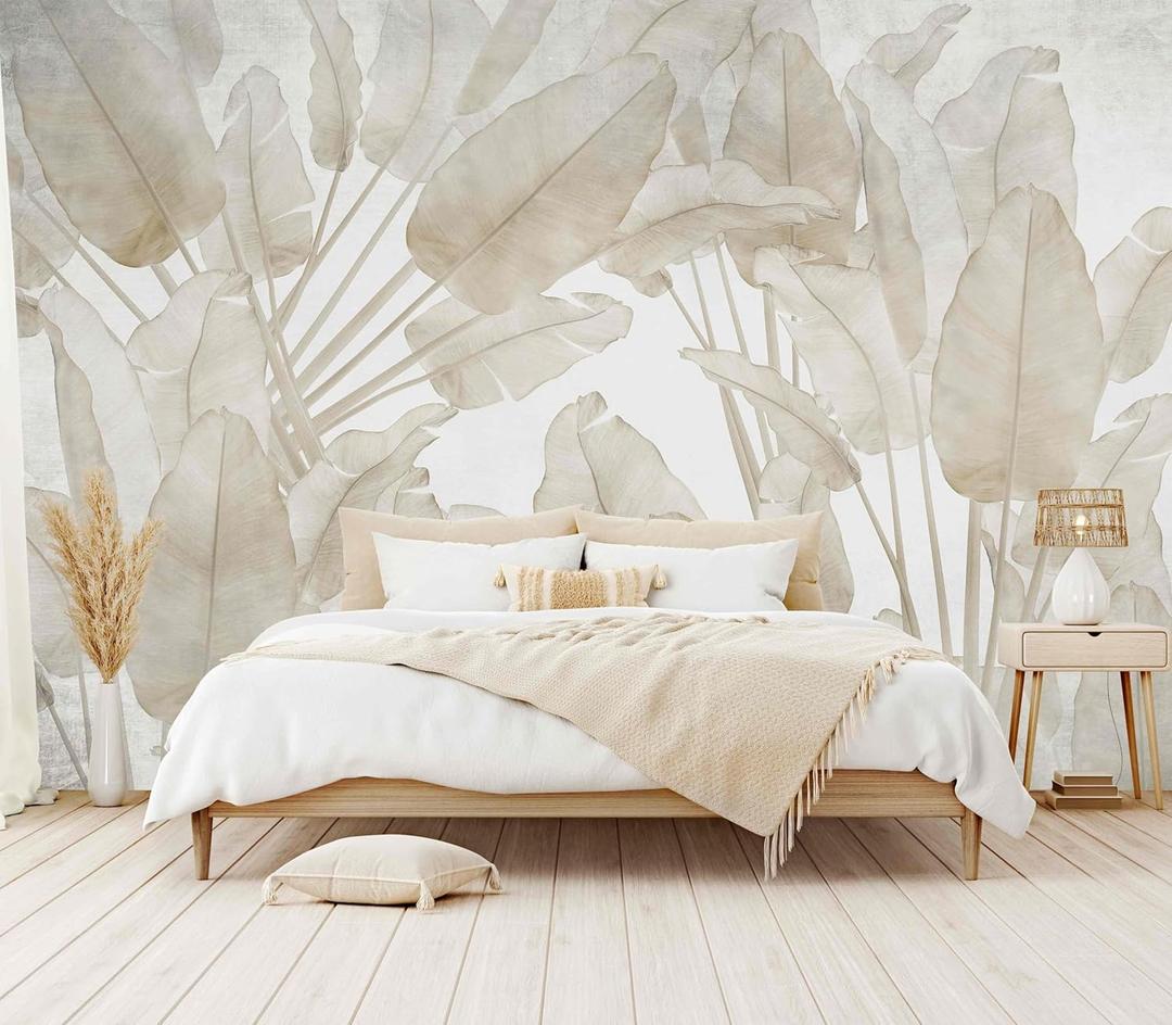 WFBHUA-Beige Banana Leaf Wallpaper Peel and Stick Tropical Self-Adhesive Wall Mural for Living Room Bedroom 137"x100" (Zz-qz072)