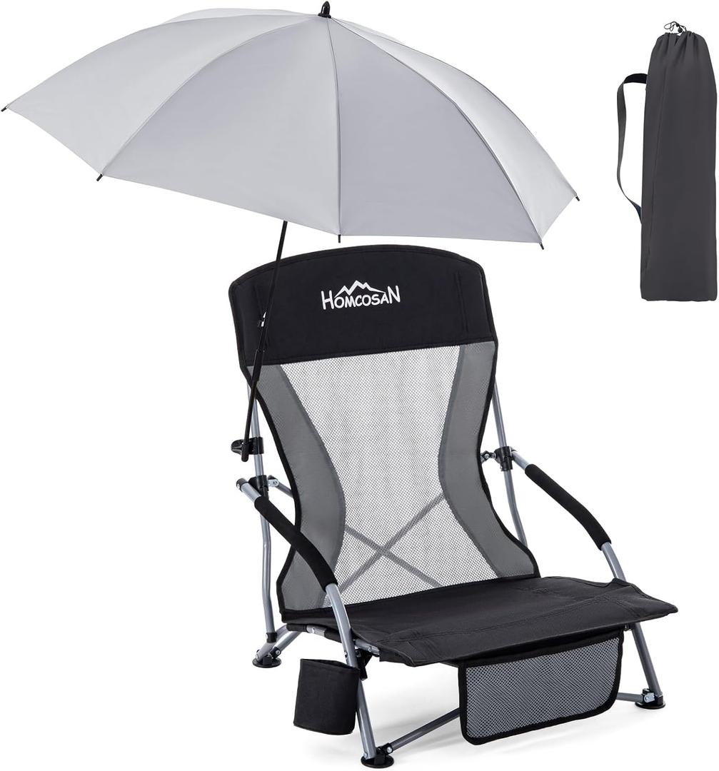 Homcosan Portable Low Folding Beach Chair with Detachable Umbrella - Lightweight Camping Chair for Adults with Cup Holder & Storage Pocket, Carry Bag Included (Black & Gray)
