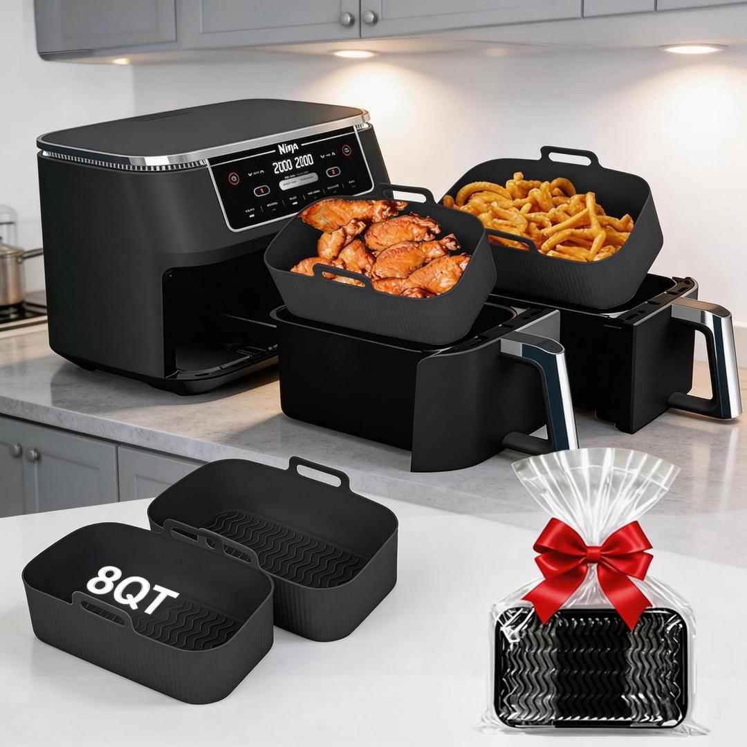 Silicone Air Fryer Liners for Ninja - Reusable DZ201 8QT Dual Basket - Rectangular 2-Pack Vacuum-Packed Easy-Clean Dishwasher-Safe Food-Safe for Home Chefs - Housewarming Gifts (Black)