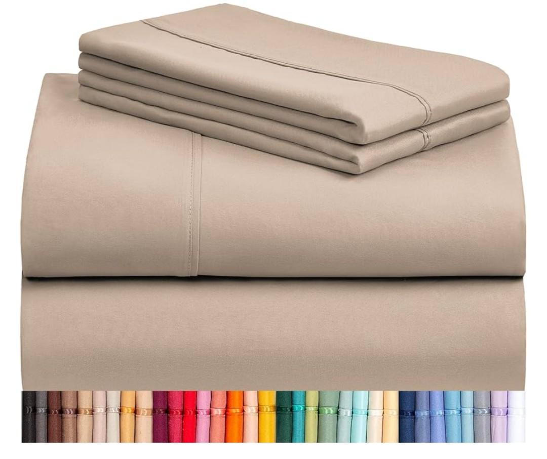 LuxClub 4 PC California King Sheet Set, Breathable Luxury Bed Sheets, Deep Pockets 18" Wrinkle Free Cooling Sheets Machine Washable Hotel Bedding Silky Soft - Light Khaki Cal King