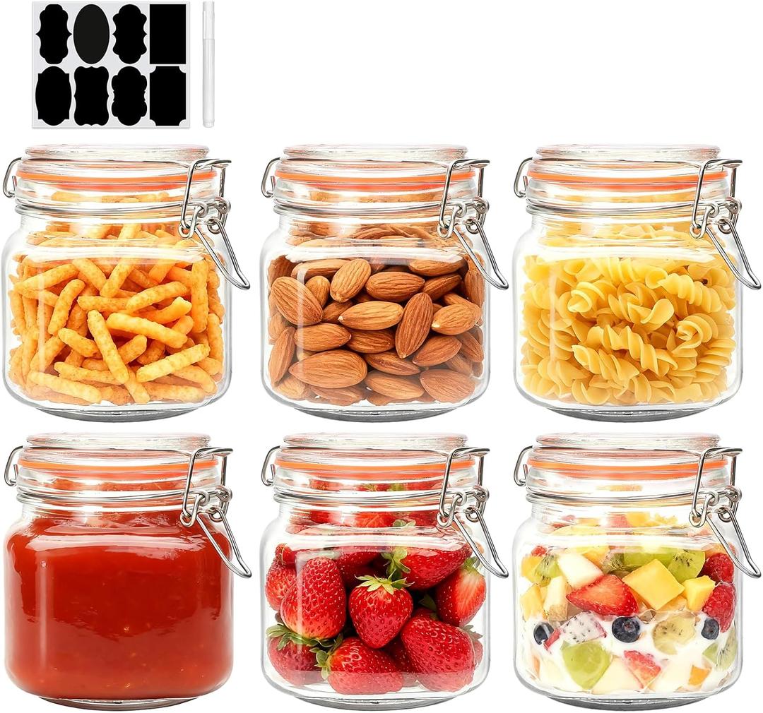 Encheng 25 oz Glass Jars With Airtight Lids And Leak Proof Rubber Gasket, Wide Mouth Mason Jars With Hinged Lids For Kitchen Canisters 750ml, Glass Storage Containers 6 Pack