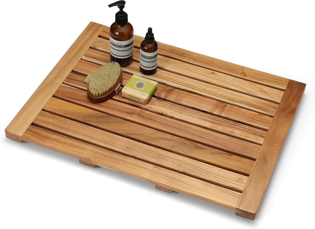 Perfnique Teak Shower Mat, 24''x18'' Wood Bath Mat, Non-Slip Shower Mats for Inside Shower & Bathtub, Waterproof Wooden Bath Mat for Spa Home or Outdoor