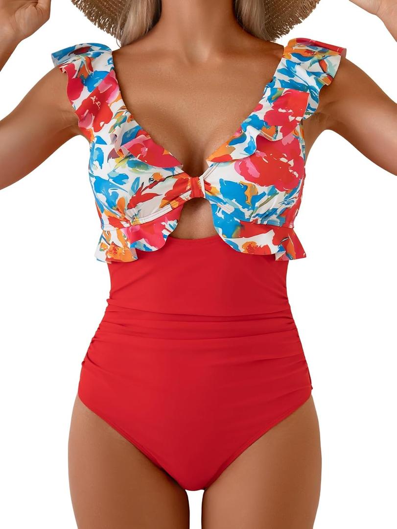 Aidonger Women's One Piece Swimsuit Tummy Control Ruffle Bathing Suit V Neck Ruched Swim Suit Slimming Cutout Swimwear (Red, M)