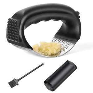 Garlic Press Rocker - Stainless Steel Garlic Mincer, Garlic Chopper, Garlic Crusher with Garlic Peeler and Cleaning Brush for Effortless Smashing Garlic.