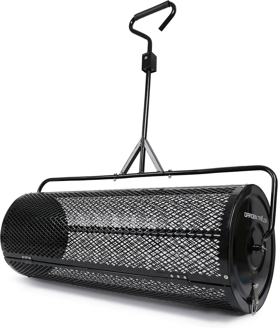 Compost Spreader 44 Inch Towable Peat Moss Spreader with Installation Accessories, Metal Mesh Roller Lawn Spreader for Top Soil, Manure, Mulch, Top Dressing - Garden Spreaders For Lawns