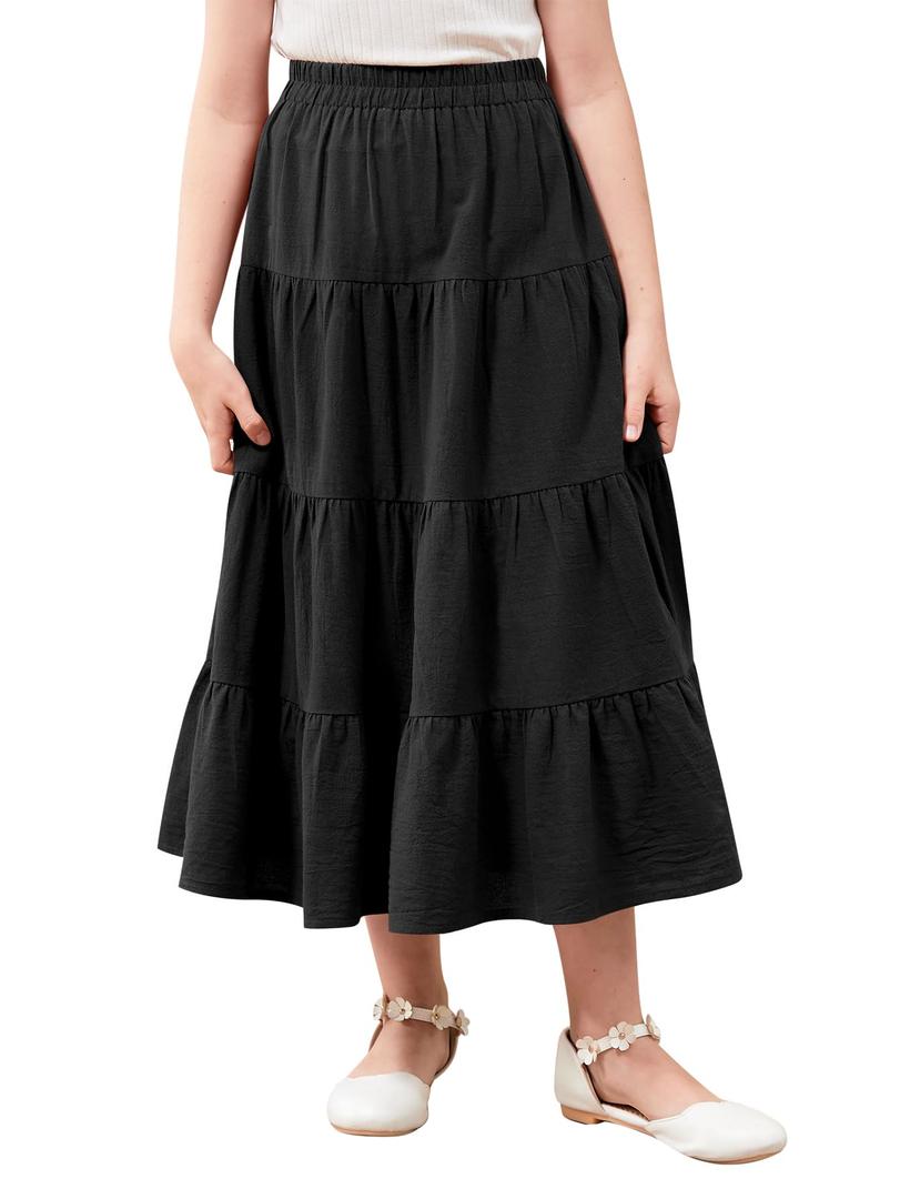 Girls Casual Vintage Solid Elastic High Waist Tiered Hem Long Swing Linen Maxi Skirt L