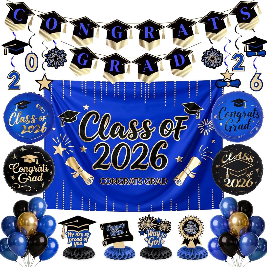 Graduation Decorations Class of 2026 Grad Party Supplies Set Blue Black Gold 40pcs with Luxurious Congrats Backdrop Banner Hanging Swirls Foil Latex Balloons Cap Centerpieces