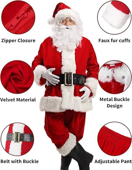 Potalay Men's Deluxe Santa Suit 11pc. Christmas Adult Santa Claus Costume
Medium