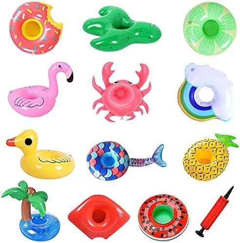 WILLBASIC Drink Floaties 13 Pack Pool Drink Floats Inflatable Drink Holder Floating Drink Holder Pool Accessories for Adults with Pump