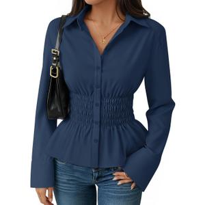 ZESICA Womens 2026 Spring Long Sleeve Blouse Business Dressy Casual Button Down Shirts Peplum Tops Fashion Trendy Clothes (Blue, S)