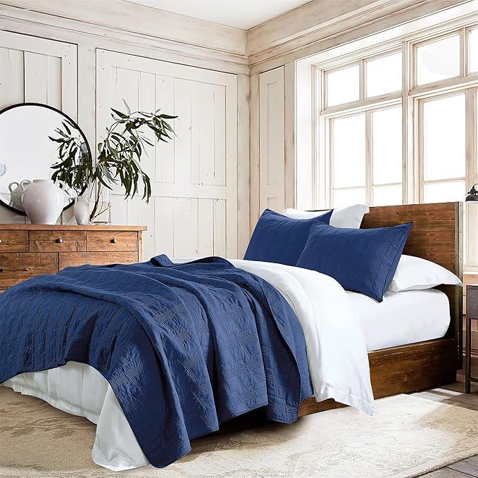 HORIMOTE HOME 100% Cotton Quilt Set Queen Size, Navy Blue Pre-Washed 3-Piece Bedspread Coverlet Set, Cozy Lightweight Stitching Bedding Cover with 2 Shams in Geometric Pattern for All Season