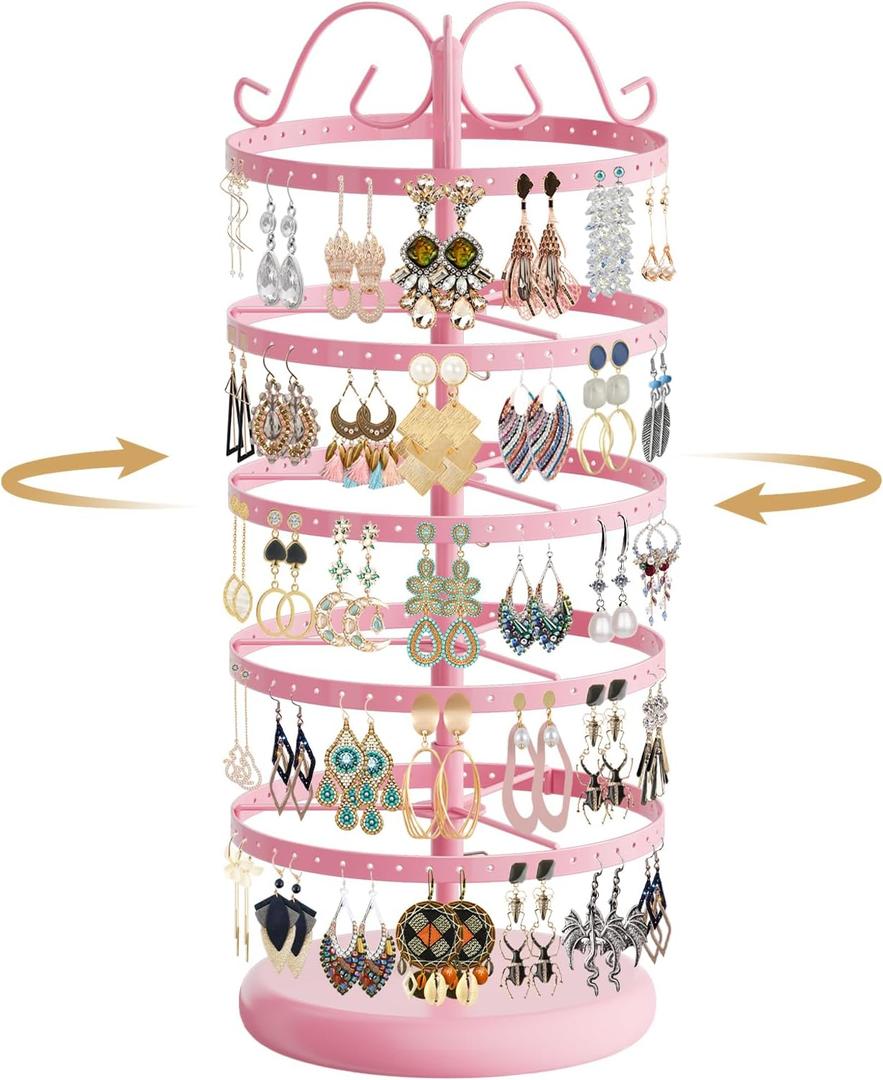 MODOWEY 5 Tiers Metal Rotating Earring Holder Organizer Stand Adjustable Display Tree, 220 Holes Large Carousel Rack for Stud Hoop Pierced Dangling Women, Ideal View for Earrings, Light Pink