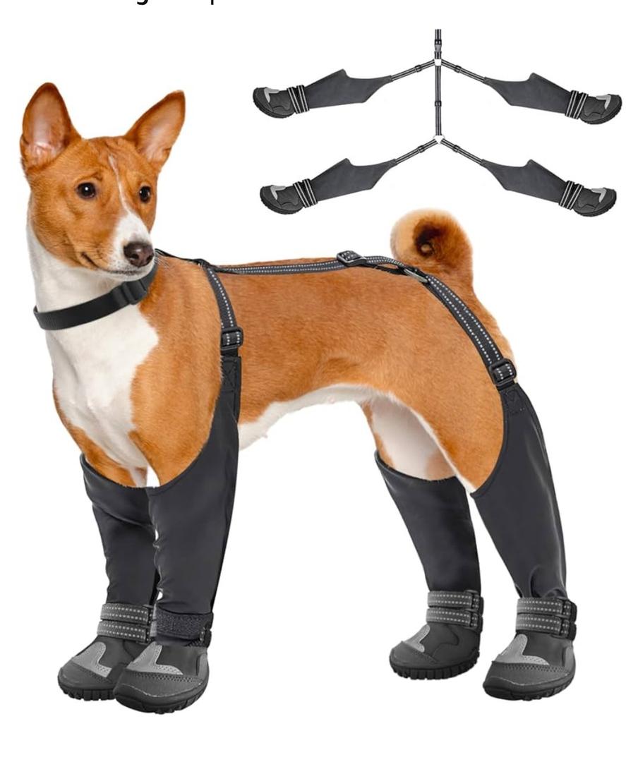 Idepet Dog Suspender Boots, Tall Dog Boots Anti-Slip & Fall Waterproof Shoes Leggings, Adjustable Suspender Boots for Winter Snow Rain Hiking Paws Protector(Black, 7)