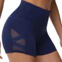 romansong Women's Mesh Leggings Yoga Pants with Pocket, Non See-Through Capri High Waisted Tummy Control 4 Way Stretch (Navy-3"Shorts) Small