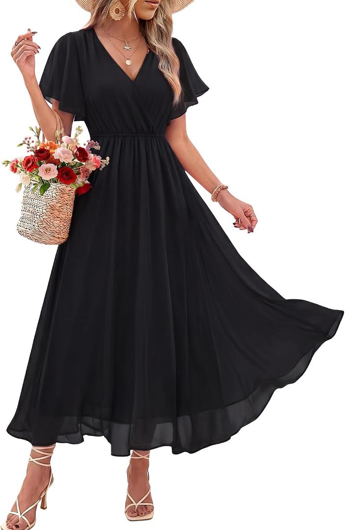 Bebonnie Womens Summer Wrap V Neck Short Sleeve Flowy Layers Chiffon Wedding Guest Maxi Dresses (XXL)