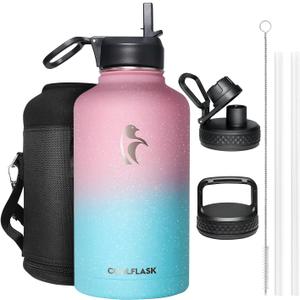 64 oz Water Bottle Insulated with Straw&3 Lids, Coolflask Half Gallon Water Jug Galaxy Large Metal Stainless Steel Vacuum flask for Gym, Sports and Travel, Keep Cold 48H Hot 24H, Blooming Cherry