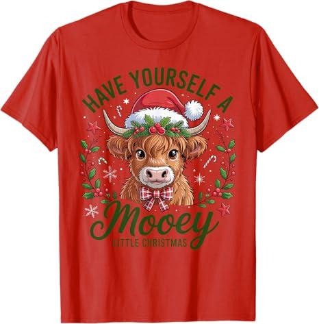 Have Yourself A Mooey Little Christmas Highland Cow Santa T-Shirt Red, Size M