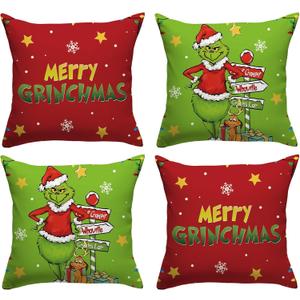 FARMNALL Red and Green Christmas Pillow Covers 18x18 Set of 4 Merry Christmas Xmas Winter Holiday Decorations and Supplies for Home Sofa Couch
