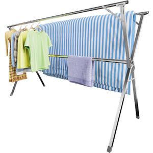 Clothes Drying Rack,Heavy Duty Stainless Steel Garment Rack,Adjustable and Foldable Laundry Drying Rack for Indoor Outdoor Drying Rack Clothing with 20 Windproof Hooks (Silver, 95")