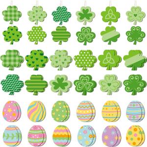 St. Patricks Day Ornaments, 48 Pcs Wooden Ornaments for St Patricks Easter Tree, St Patricks Hanging Ornaments with Twine for Small Tabletop Trees, Tiered Trays, Walls (Modern)