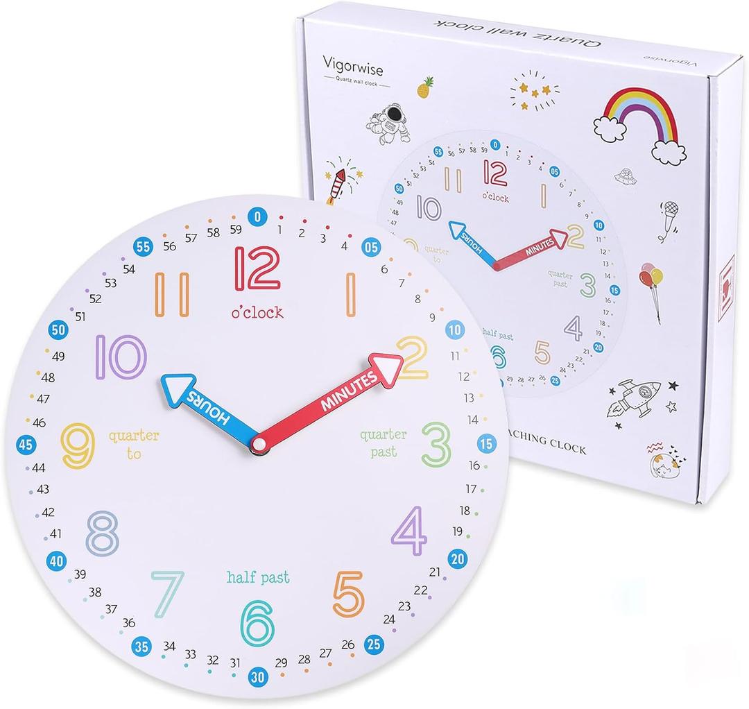 Teaching Clock,Telling Time Teaching Clock,12 Inch Silent Non Ticking Wood Wall Clock Decor for Bedroom School Classroom