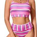 Fisoew Womens 2 Piece High Waisted Bikini Sets Color Block Sporty Striped Swimsuit 2025 Summer Ribbed Bathing Suits (Small, Pink)
