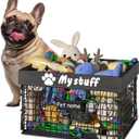 Dog Toy Bin Toy Basket Metal Storage Box with Handles Dog Organizer Chew-Proof Dog Toy Box Blankets Leashes Chest Puppy Dog Toy Storage Wood Metal Container Home Decor Pet Toys Dog Cat (Black-Grey wood)