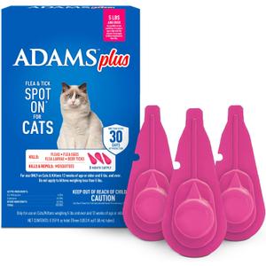 ADAMS Plus Flea and Tick Prevention Spot On for Cats, 5 lbs and Over, Kills Fleas, Flea Eggs, Flea Larvae and Deer Ticks, Kills and Repels Mosquitoes for 30 Days, 3-Month Supply, 3 Pack ADAMS Plus Flea and Tick Prevention Spot On for Cats, 5 lbs and Over, Kills Fleas, Flea Eggs, Flea Larvae and Deer Ticks, Kills and Repels Mosquitoes for 30 Days, 3-Month Supply, 3 Pack