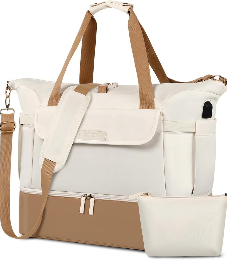 Gym Bag for Women, Super Large Sports Travel Duffel Bag with USB Charging Port, Weekender Overnight Bag with Wet Pocket & Shoes Compartment, 24*9.25*16.5inch, Carry On Bag for Travel, Hospital,Beige