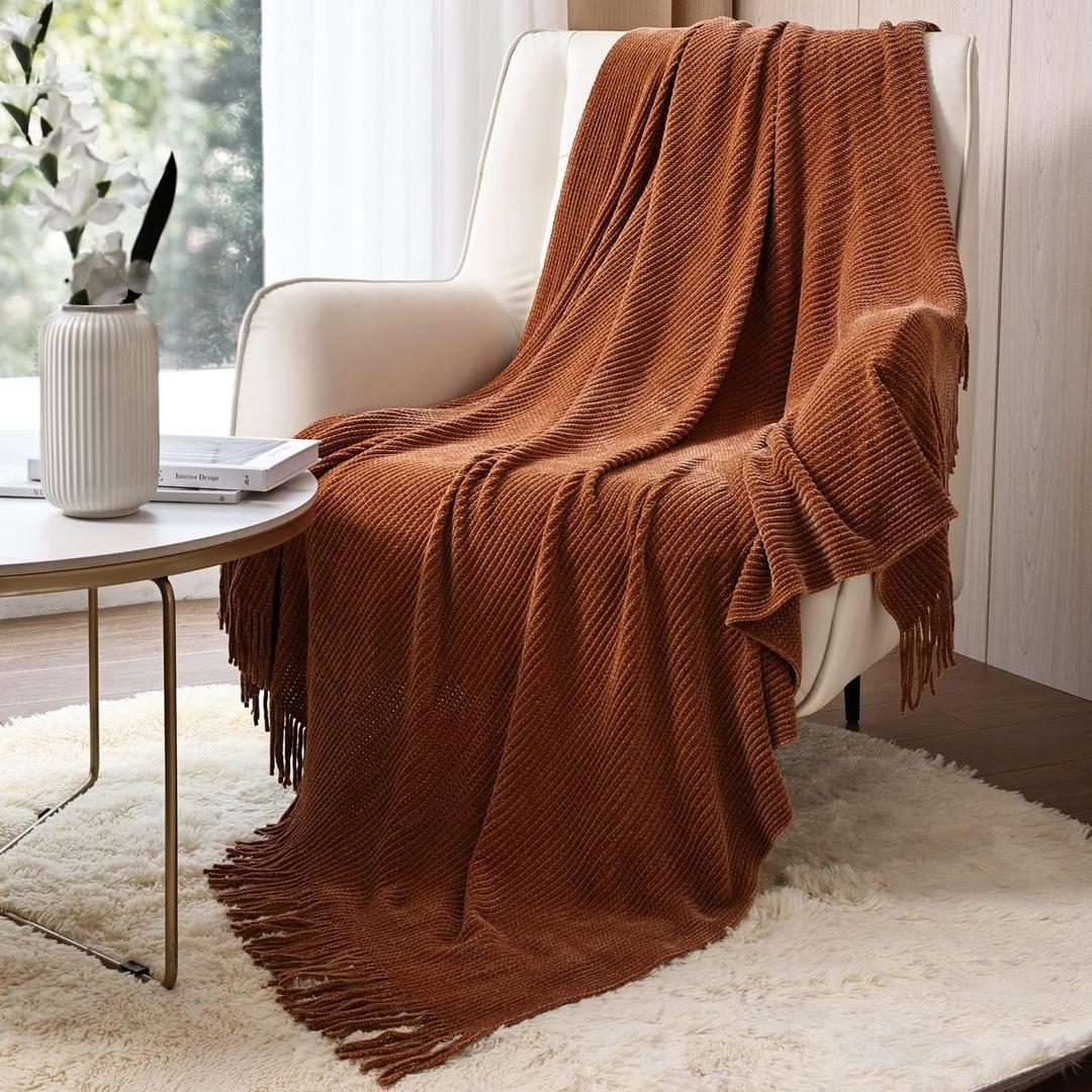 CREVENT Farmhouse Rust Chenille Throw Blanket for Couch Sofa Chair Bed Home Decoration, Soft Warm Cozy Knit Blanket for Spring (50''X60'' Caramel / Brown / Burnt Orange)