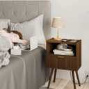 JOONEE Nightstand with Outlet,Modern Bedside Table with Storage Drawer and Open Wood Shelf, for Living Room, Bedroom and Small Spaces, Accent Night Stand with Solid Wood Legs, Easy Assembly, Walnut Brown-outlet