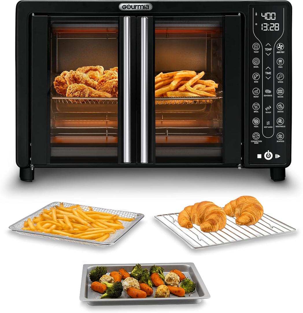 Gourmia French Door Air Fryer  25 Qt Large Capacity Convection Oven, Fryforce 360, Digital Display with 17 Cooking Presets, Bake, Toast, Roast, Dehydrate, Fits 12 Pizza (Black)