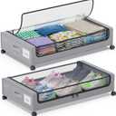 Under Bed Storage with Wheels, 2-Pack Under Bed Storage Containers with Clear Lids, XXL 60L Under the bed storage Organizer Bins, Rolling Under Bed Metal Drawer for Clothes,Shoes,Toys (Gray, 2 Pack)